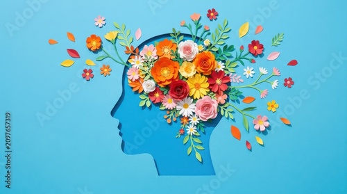 World Mental Health Day Blue human head silhouette with blooming colorful paper flowers and leaves for World Mental Health Day artistic concept