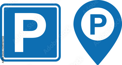 Blue parking sign and location pin icons for mobile map app interfaces