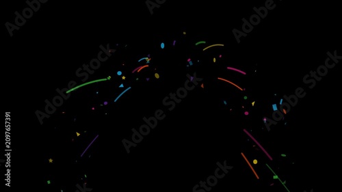 High-quality stock footage featuring a colorful bursting dynamically outward from the center of confetti particles.  Perfect for celebratory projects, party backgrounds, victory announcements, holiday