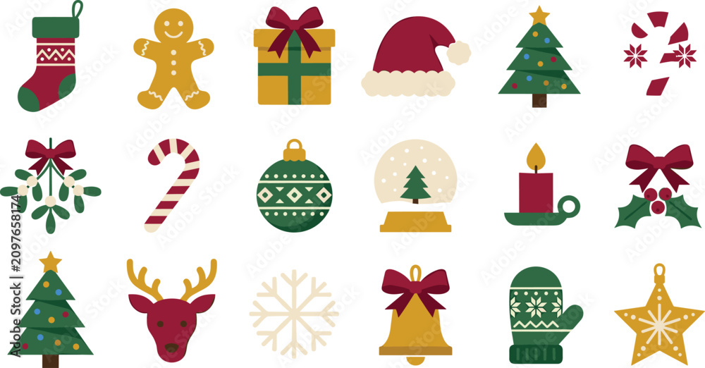 Fototapeta premium Cute Christmas Icon Set with Flat Holiday Elements Including Gingerbread Man Tree Gift Box Reindeer and Santa Hat for Festive Web Designs