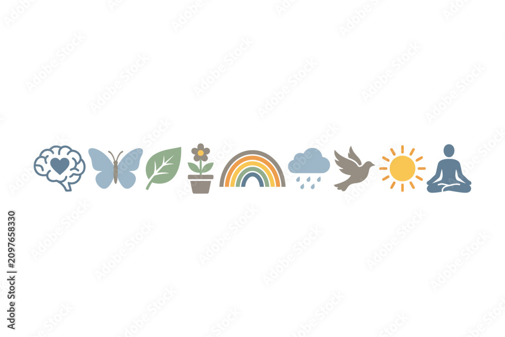 Obraz premium A horizontal row of colorful icons representing nature wellness and mindfulness concepts.