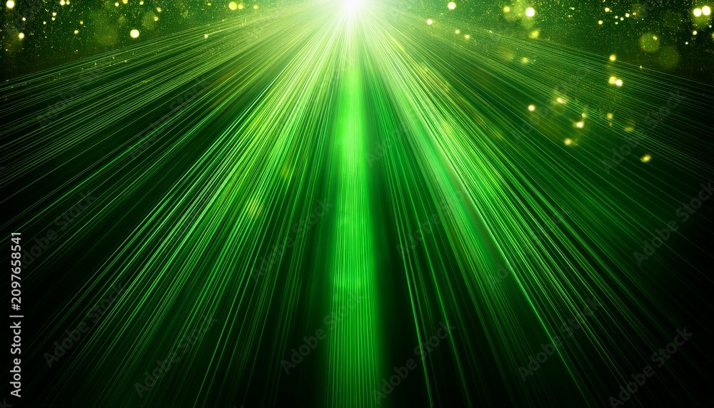 Naklejka premium Green Light Rays And Sparkles On A Dark Background Abstract Background