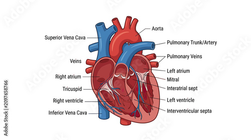 Foto Anatomical illustration of the human heart with labels, showing chambers and ves