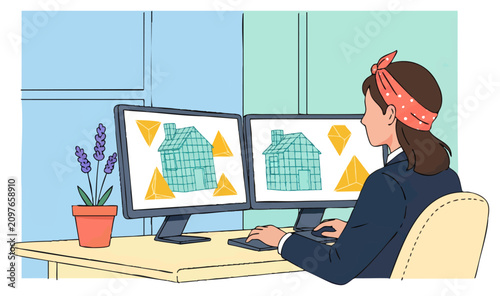 Canvastavla Focused designer at dual monitor setup with vibrant graphics, concept for digita