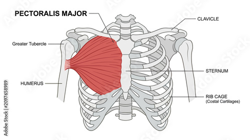 Fotografía Pectoralis Major Muscle Anatomy Diagram - Human Chest Illustration