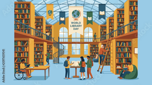 Ilustração vetorial de uma biblioteca moderna com pessoas estudando e lendo livros em um ambiente educacional.