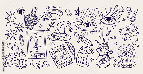 Fotografía Magic witchcraft spells doodle background, esoteric occult line art, pagan ritua