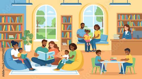 Famílias diversas lendo livros juntas em uma biblioteca pública colorida e acolhedora.