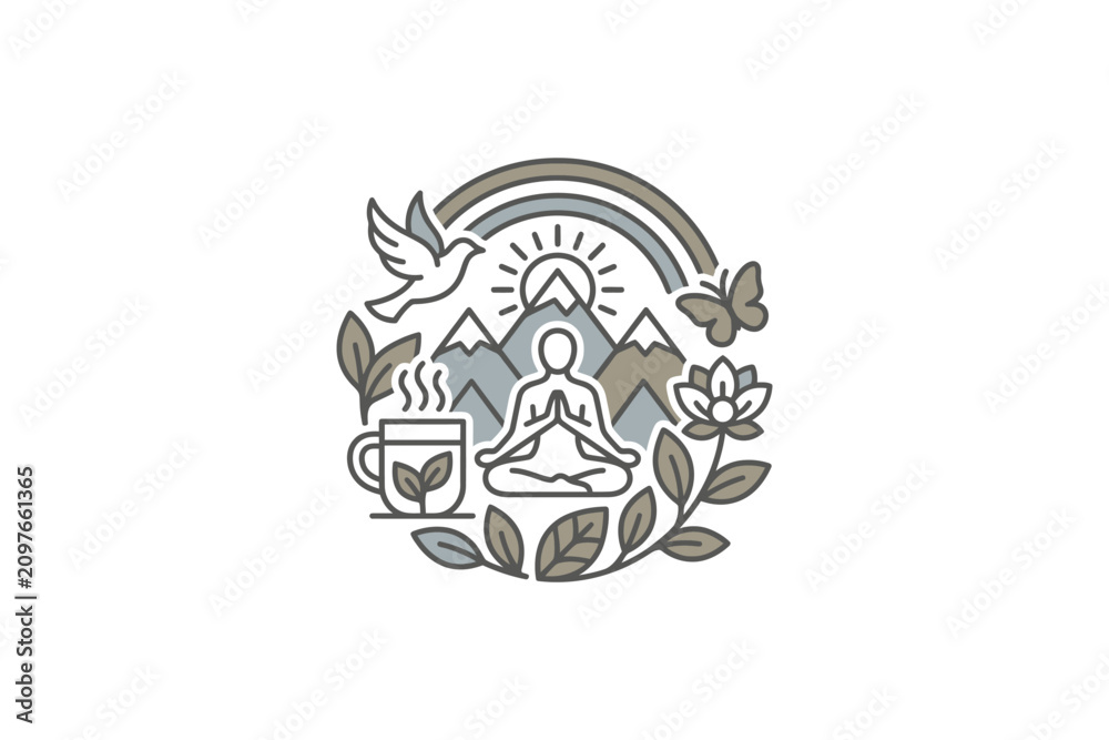 Obraz premium A circular line art illustration featuring a person meditating surrounded by nature elements.