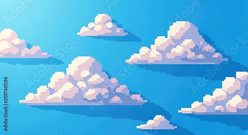 Pixelated Clouds in a Bright Blue Sky.