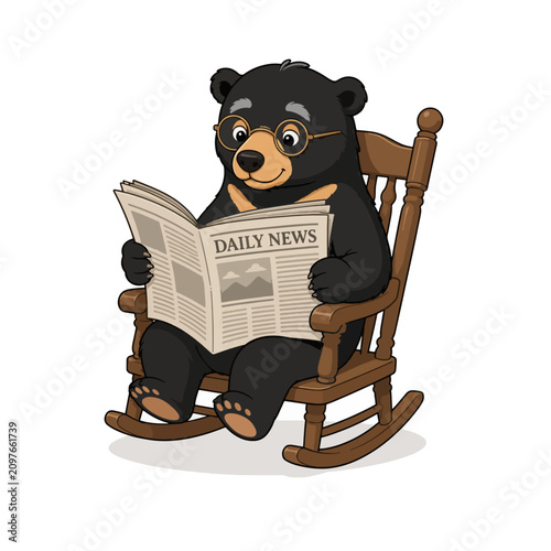 Cute Sun Bear Reading Newspaper on Rocking Chair Vector Illustration