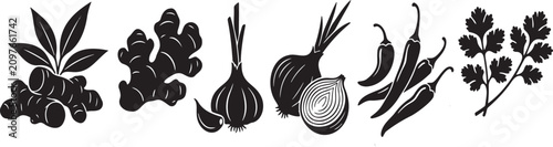 Set of black silhouette vegetable and herb icons for cooking and healthy food