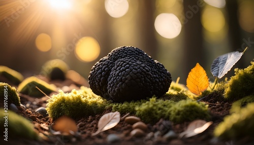 Black Truffle Exposed Mid Decay Soil Amongst Moss And Leaves Glistening With Filtered Sun Rays