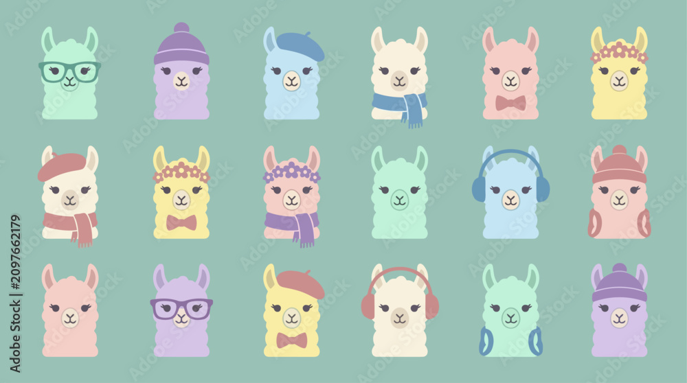 Fototapeta premium Collection of cute pastel cartoon llama characters wearing diverse fashion accessories.