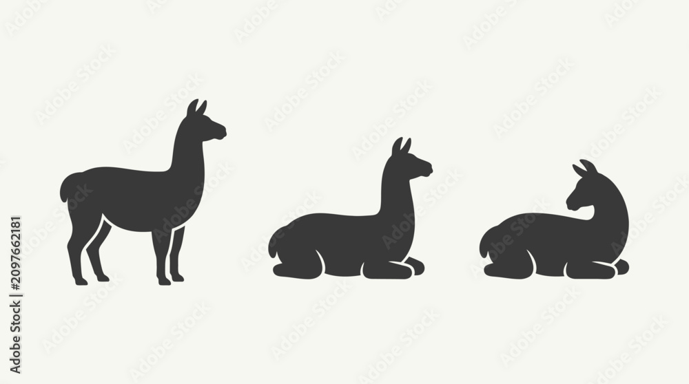 Fototapeta premium Three black llama or alpaca silhouettes in various poses, including standing and sitting, against a light background.