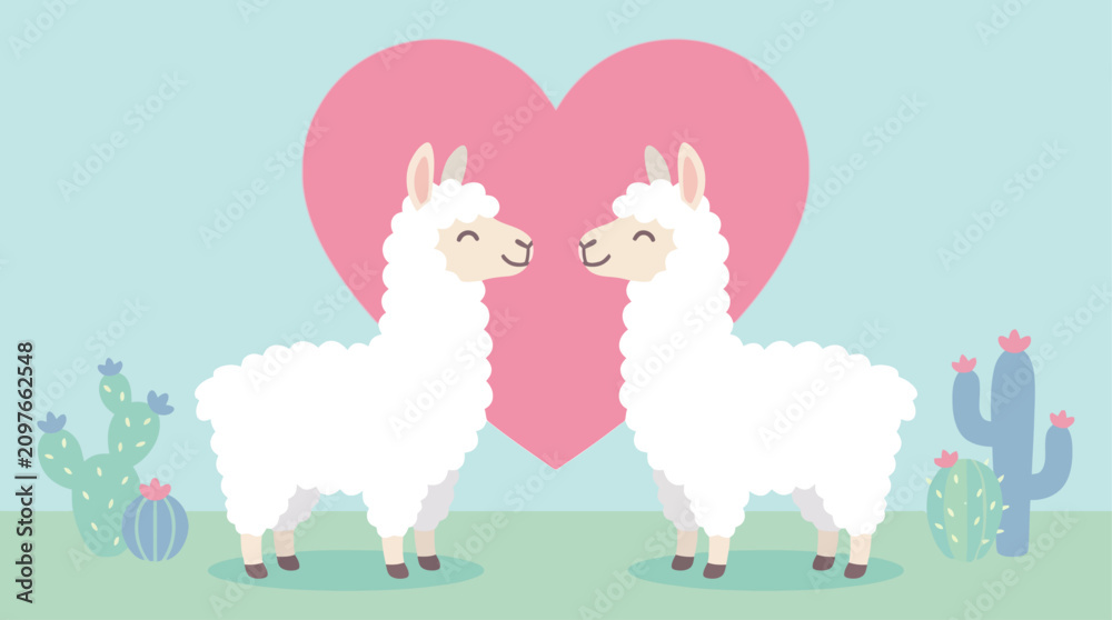 Fototapeta premium Two white llamas in love with heart.
