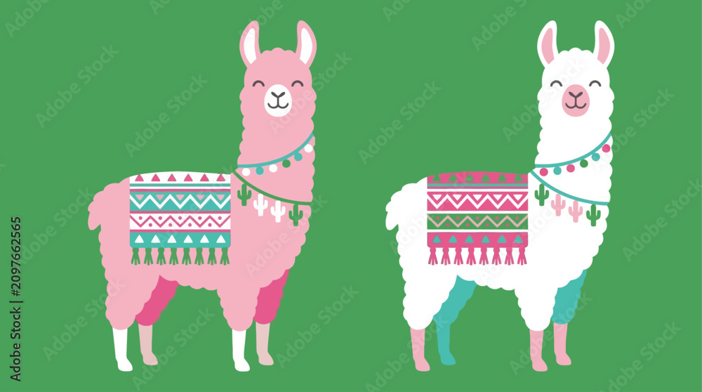 Fototapeta premium Colorful illustration of two llamas standing side by side.