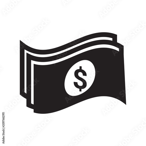 Dollar sign icon on waving banner for finance success. Minimalist black and white money symbol vector graphic for business branding.