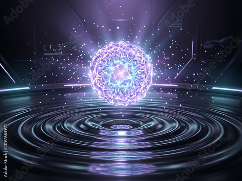 Glowing energy orb floating over water ripples in futuristic laboratory room