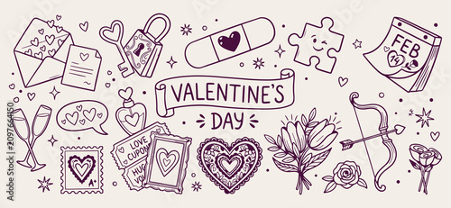 Foto Valentines day doodle background, love romance line art, wedding anniversary ske