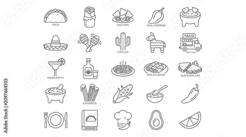 Foto Mexican culture and holiday celebration line icon set.