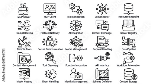 Konstfotografi Model context protocol and server infrastructure line icon set