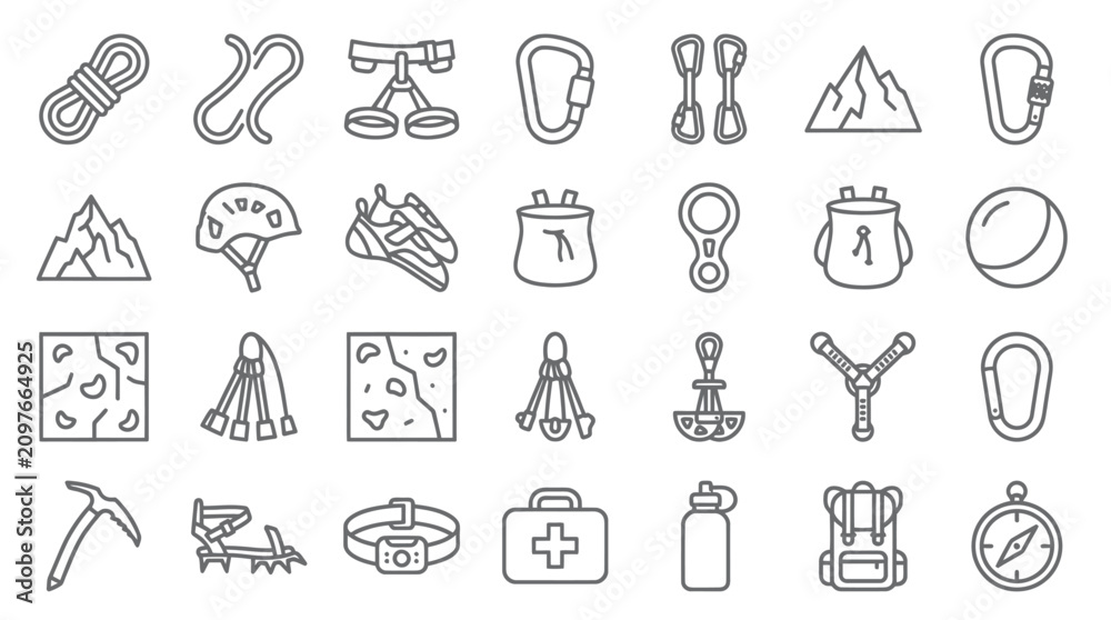 Fototapeta premium Mountain climbing and outdoor adventure equipment icon set.
