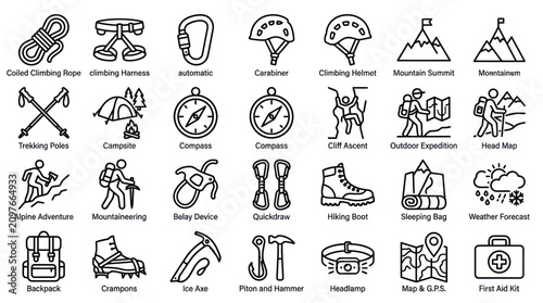 Foto Mountaineering and rock climbing equipment adventure line icons.