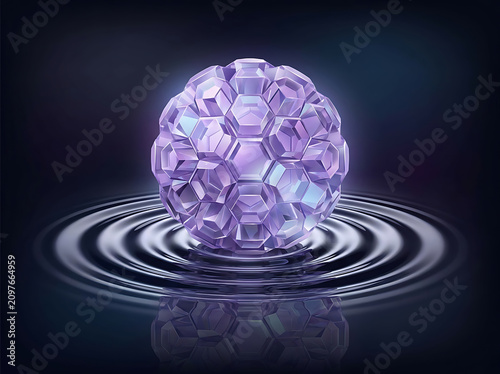 Abstract purple crystalline sphere over rippled water representing scientific nanotechnology concept