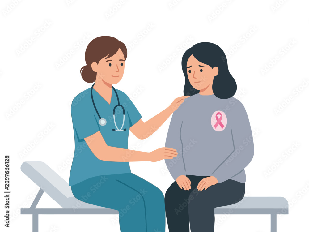 Fototapeta premium vector illustration of a healthcare professional comforting a female patient with a pink ribbon symbol