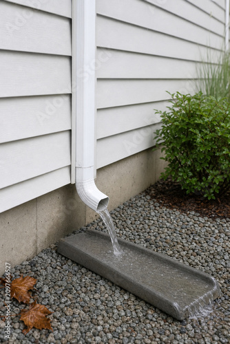 Rainwater Flowing From House Downspout Into Concrete Splash Block