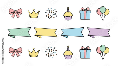 Slika na platnu Birthday Celebration Icons: A collection of charming, pastel-colored icons representing birthday elements like bows, crowns, fireworks, cupcakes, gifts, and balloons