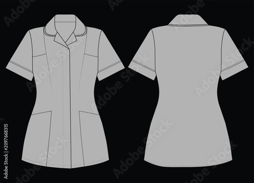 Women's Short Sleeve Medical Nurse Tunic Uniform Front and Back View Flat Technical Fashion Vector Template
