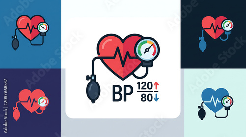 Heart health blood pressure monitor vector icons with pulse rate and hypertension levels concept