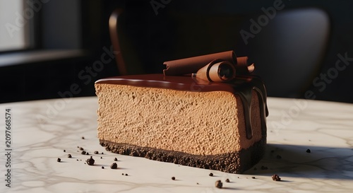 Delicious chocolate cheesecake on marble surface. Rich dessert with creamy texture. Gourmet pastry for special occasions