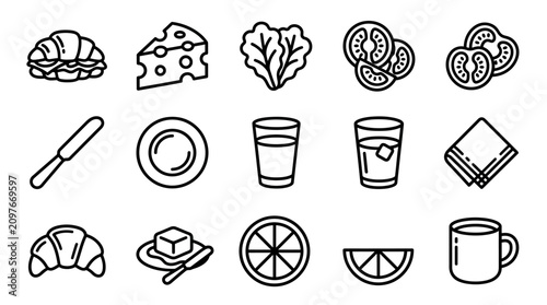 Cuadro en lienzo Breakfast Food Icons: Croissant, Sandwich, Cheese, Salad, Tomato, Drink, Coffee