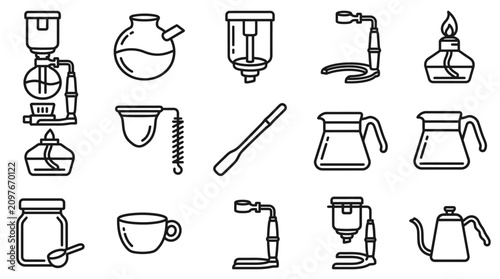 Bild auf Leinwand Coffee Brewing Equipment Icons: Pour Over, Siphon, Kettle, Grinder, Cup, Burner