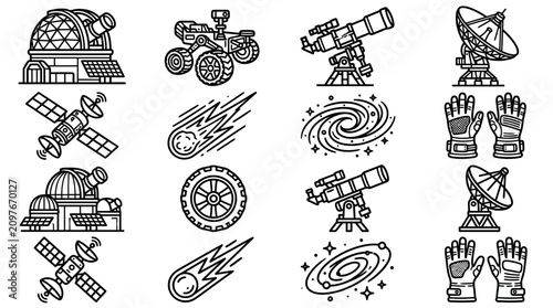 Fotografía Space Exploration Icons: Telescope, Rover, Satellite, Astronaut Gloves, Galaxy,