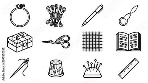 Bild auf Leinwand Embroidery and Sewing Tools Icons: Hoop, Threads, Scissors, Needle, Thimble, Boo