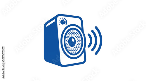 Blue speaker icon with sound waves symbol for audio volume control and electronic media device