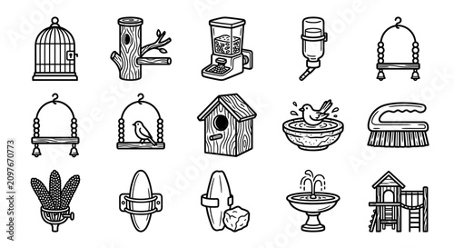 Billede på lærred Birdhouse and Aviary Supplies Icons: Birdcage, Feeder, Bath, Swing, Nest Box, Br