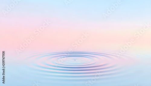 Minimal abstract scene of calm water surface with perfect circular ripple expanding symmetrically featuring soft pastel colors for mindfulness presentation