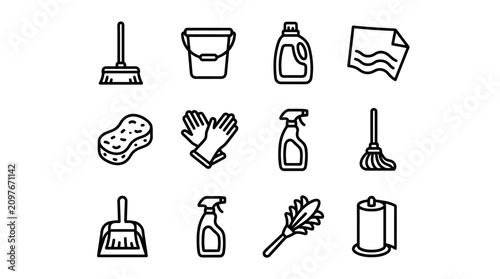 Schilderij op canvas Cleaning Supplies Icons: Broom, Bucket, Sprays, Gloves, Sponge, Duster, Paper To