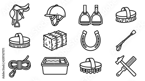 Billede på lærred Equestrian Equipment Icons: Saddle, Helmet, Stirrups, Brush, Hay, Horseshoe, Cro