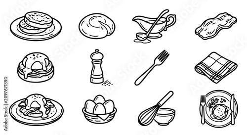 Foto Hand-drawn Breakfast Food Icons: Pancakes, Eggs Benedict, Bacon, Gravy, Whisk