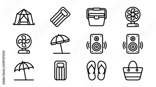 Summer Vacation Icons: Tent, Cooler, Fan, Speakers, Beach Umbrella, Flip Flops, Bag