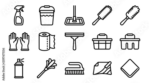 Schilderij op canvas Cleaning Supplies Icons: Mop, Bucket, Sprayer, Gloves, Duster, Brush, Squeegee,