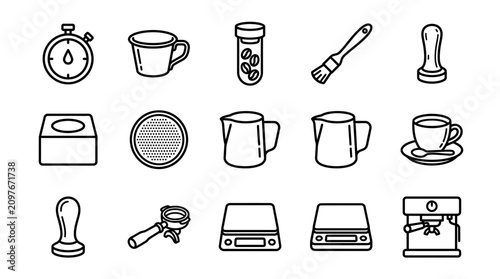 Photos Barista Tools Icons Set: Espresso Machine, Grinder, Tamper, Cup, Scale, Stopwatc