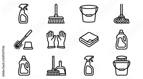 Schilderij op canvas Cleaning supplies icons set, vector illustration of household cleaning tools