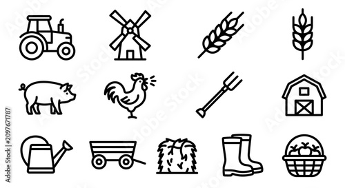 Konstfotografi Farm Icons Set: Tractor, Pig, Rooster, Barn, Wheat, Mill, Hay, Boots, Basket